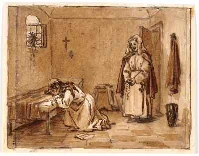 Kompositionsstudie med en grædende kvinde på knæ, på gulvet et brev, bag hende en nonne