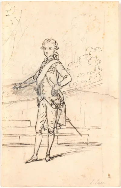 Kompositionsudkast til portræt i hel figur af Frederik den sjette som ung kronprins. Stående en face med højre hånd i siden og venstre støttet til et bord