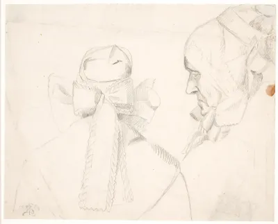 Kone med bornholmsk hovedtøj. Profil t.v og fra nakken