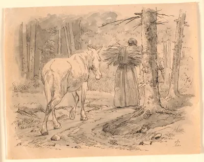 Konen og hesten. Illustration til Kaalunds "Fabler for Børn". Se kommentar fra arkkatalog.