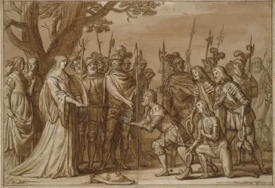 Kong Albrecht overrækker den svenske krone til dronning Margrethe I i 1389