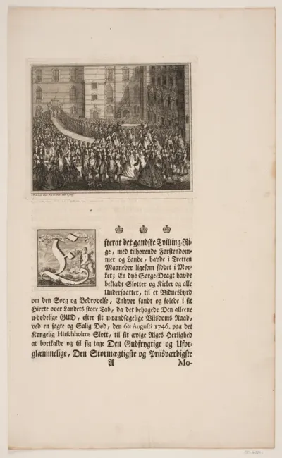 Kong Frederik V i procession til salvingshøjtidelighed i Frederiksborg Slotskirke. Illustration og initial til Frederik d. IV's salvingsakt