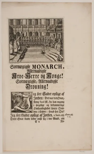 Kong Frederik V og Dronning Louise under salvingshøjtidelighed i Frederiksborg Slotskirke. Illustration og Vignet til Frederik d. IV's salvingsakt