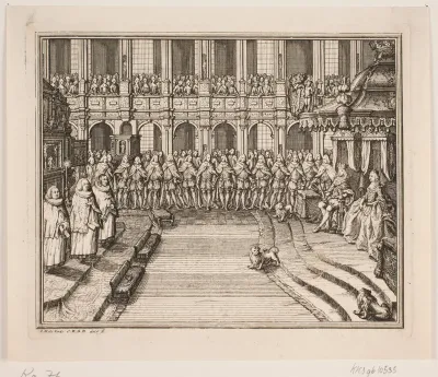 Kong Frederik V og Dronning Louise under salvingshøjtidelighed i Frederiksborg Slotskirke. Illustration til Frederik d. IV's salvingsakt