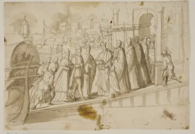 Kong Henrik III, doge Alvise Mocenigo og kardinal San Sisto modtages af den venetianske patriark, Giovanni Trevisan, på Venedigs Lido