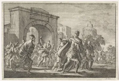 Koning Agrippa wordt door de Joden met steenworpen uit Jeruzalem verjaagd