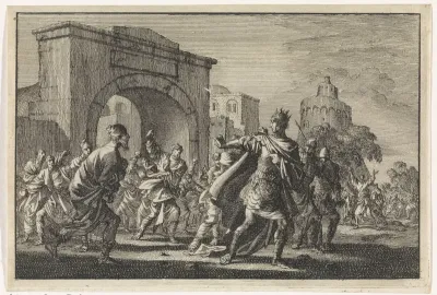 Koning Agrippa wordt door de Joden met steenworpen uit Jeruzalem verjaagd