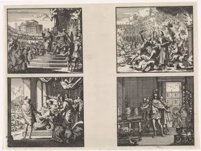 Koning Agrippa ziet een uil boven zijn troon / Koning Agrippa sterft omgeven door hovelingen / Overrompeling van de tempel door de soldaten van Pompeius / Pompeius neemt de tempel te Jeruzalem in