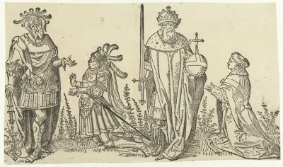 Koning Arthur met ridder en Keizer Karel de Grote met priester