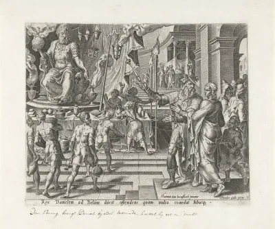 Koning Cyrus toont Daniël het beeld van de god Bel