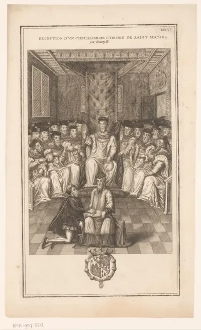 Koning Hendrik II ontvangt een ridder van de orde van St. Michel
