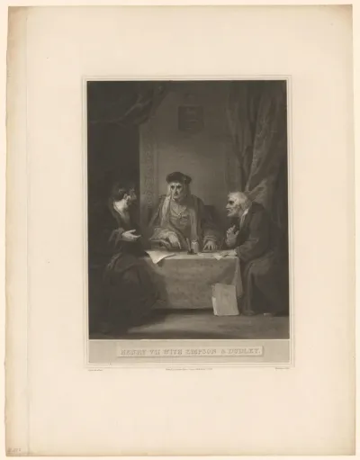 Koning Hendrik VII aan tafel met Edmund Dudley en Richard Empson