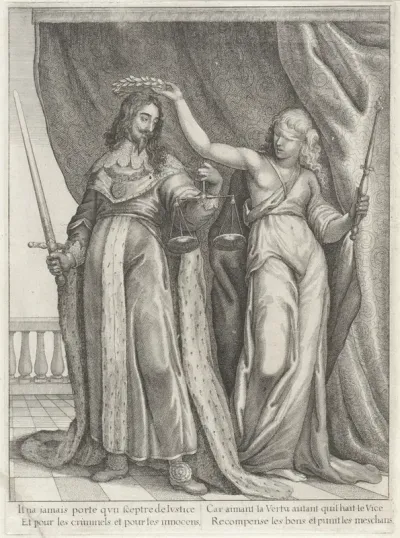 Koning Karel I van Engeland gelauwerd door Justitia