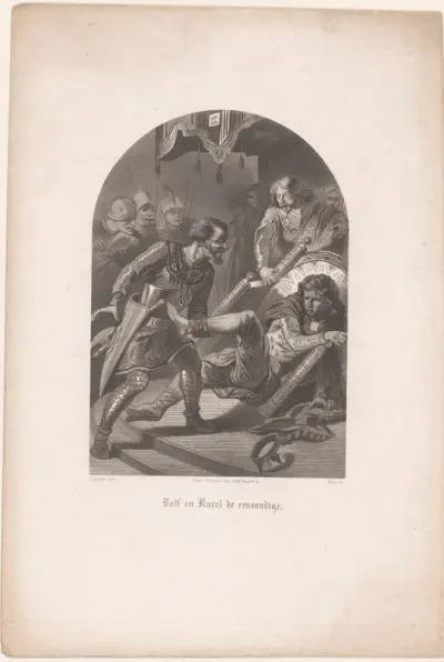 Koning Karel III de Eenvoudige valt van zijn troon, met achter hem Rollo de Noorman