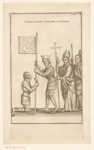 Koning Karel V geeft een banier aan een ridder