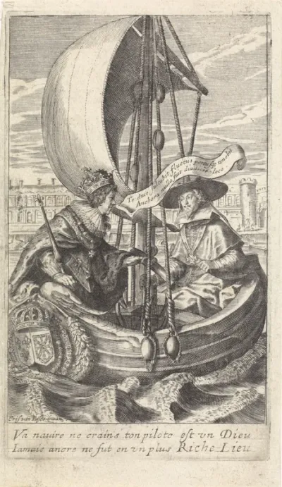 Koning Lodewijk XIII en kardinaal Richelieu in een schuit