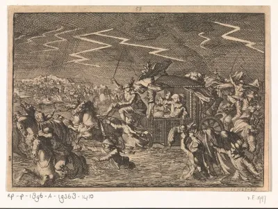 Koning Lodewijk XIII nabij Narbonne met zijn stoet overvallen door hoog water en hevig onweer, 1632