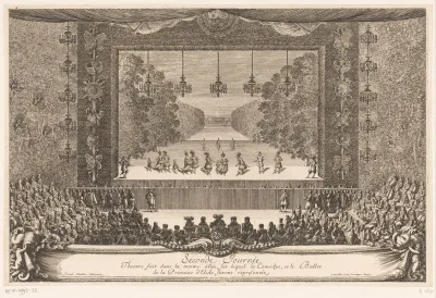 Koning Lodewijk XIV en zijn gezelschap in een theater in Versailles