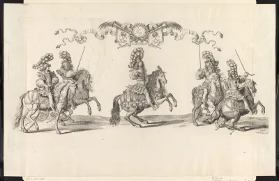 Koning Lodewijk XIV te paard met twee ruiters aan weerszijden in Romeins kostuum