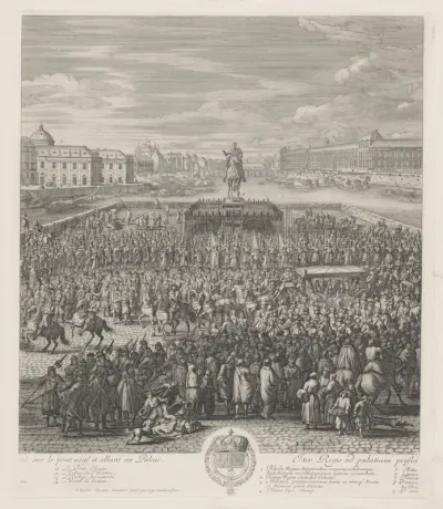 Koning Lodewijk XIV van Frankrijk rijdt met zijn gevolg over de Pont-Neuf