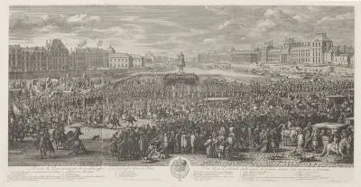 Koning Lodewijk XIV van Frankrijk rijdt met zijn gevolg over de Pont-Neuf