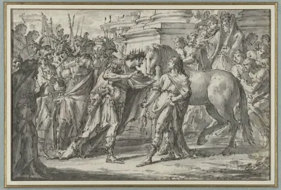 Koning Philippus II van Macedonië schenkt zijn zoon Alexander het paard Bucephalus