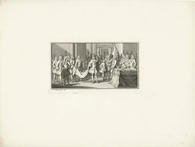 Koning voor een tafel met twee kronen en de rijksappel
