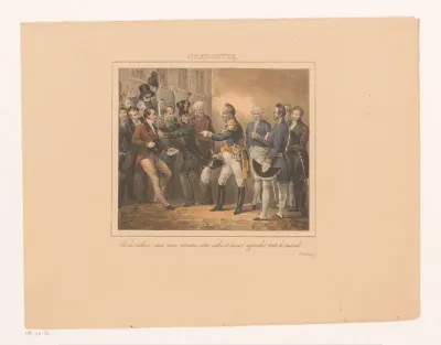 Koning Willem I laat een man met verzoekschrift hem benaderen, 1829
