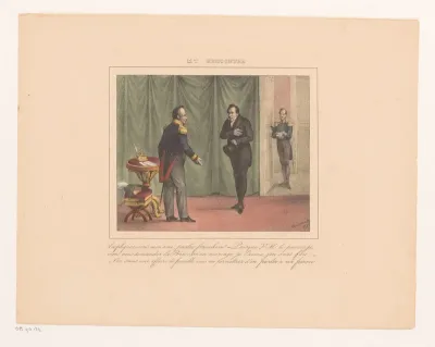 Koning Willem I ontvangt een jongeman die om de hand van zijn dochter vraagt, 1829