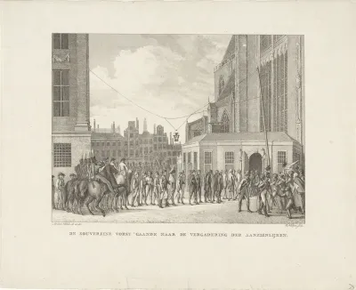 Koning Willem I op weg van het Koninklijk Paleis naar de Nieuwe Kerk