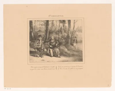 Koning Willem I spreekt met een man in het park
