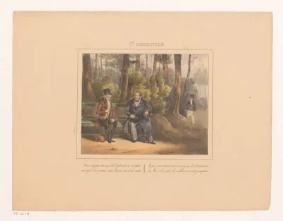 Koning Willem I sprekend met een man in het park, 1829