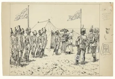 Koningin Emma met prinses Wilhelmina bij een militaire oefening op de Kempenbergerheide, 1893