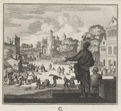Kooplieden aan het werk op een plein