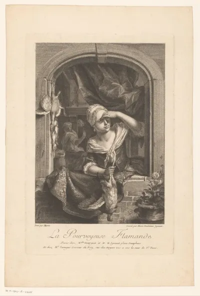 Koopvrouw met gevogelte in een venster