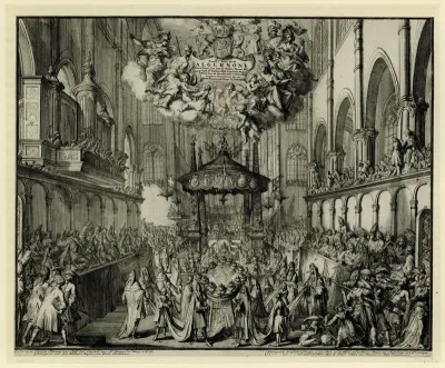 Koor van Westminster Abbey met de lijkplechtigheid voor de koningin, 1695