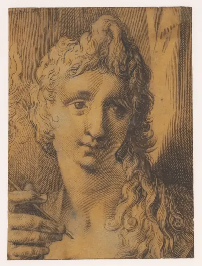 Kop van een jongeling of jonge vrouw die een burijn (?) in de hand houdt