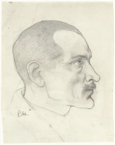 Kop van een man met snor, van opzij