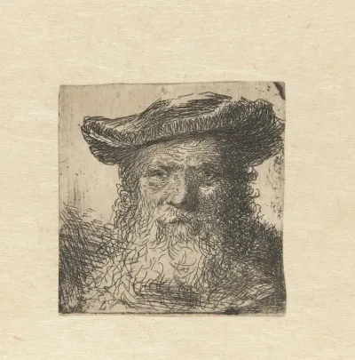 Kop van een oude man met baard en hoed