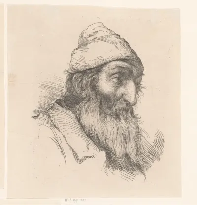 Kop van een oude man met baard, naar rechts