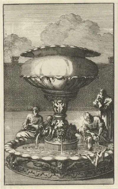 Koperen wasvat of spoelbekken in de hof van het tabernakel