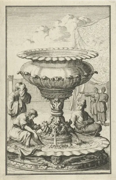 Koperen wasvat of spoelbekken in de hof van het tabernakel