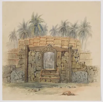Koraalstenen muur met omlijste opening naar het dorp Dula (Dullah), eiland Dullah, Kai eilanden, Zuidoost-Molukken