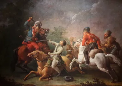 Kościuszko and his horse fall in the battle of Maciejowice.