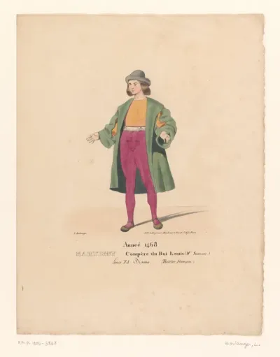 Kostuum van Martigny, helper van Lodewijk XI van Frankrijk, uit het drama Louis XI à Péronne