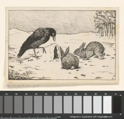 Kraai en twee konijnen bij een hol