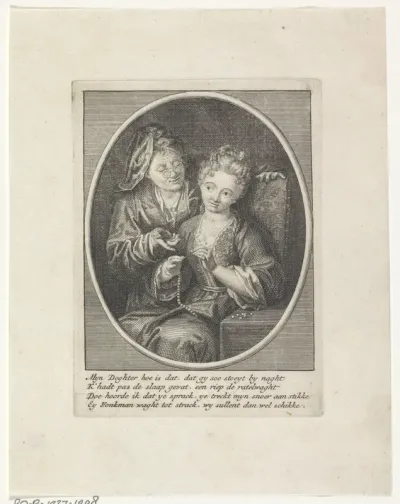 Kralenrijgende vrouw en oude vrouw