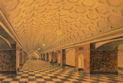 Krasnye Vorota Metro Station, Moscow. Plattform hall. Perspective
