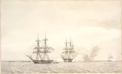 Krigsskibene salutere idet Kronprins Frederik og Gemalinde ro ind til Kjøbenhavn den 22 juni 1841.Fremstillet er briggen Allart, linieskibet Christian Vlll og kovetten Flora.