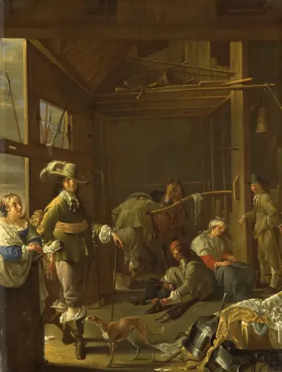 Krijgslieden in een paardestal